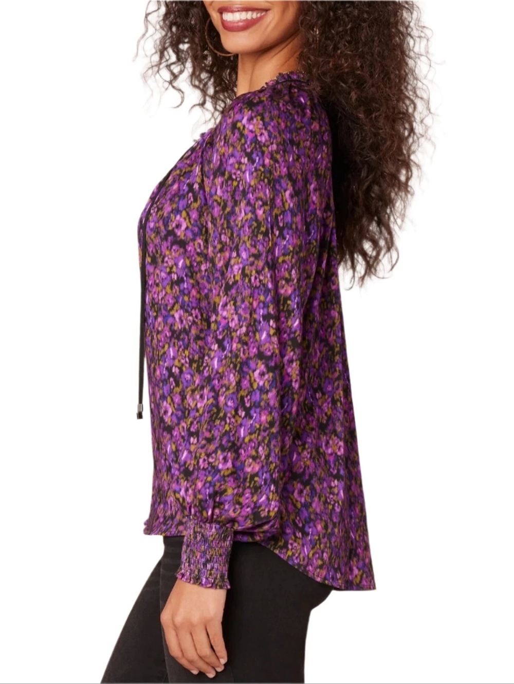 Democracy Womens Ruffle Edge V-Neck Floral Print Woven Long Sleeve Top Purple  L - Picture 2 of 16